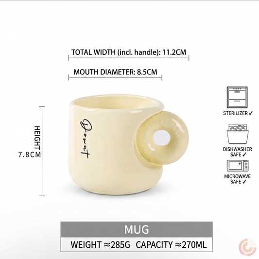 Beige mug with dimensions and safety features on a white background