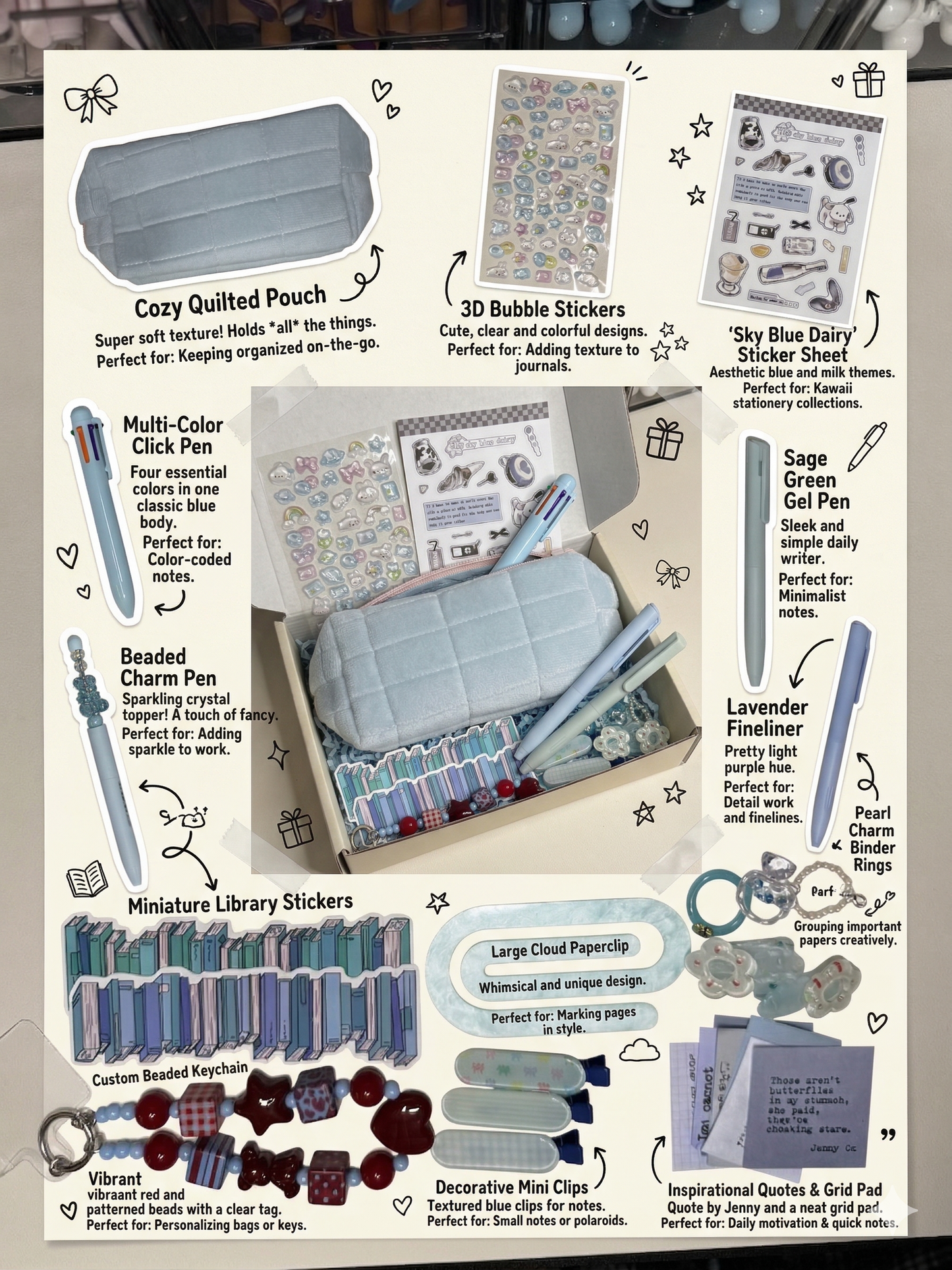 Blue aesthetic kawaii gift box with pens, stickers, and accessories — curated by Pagelume