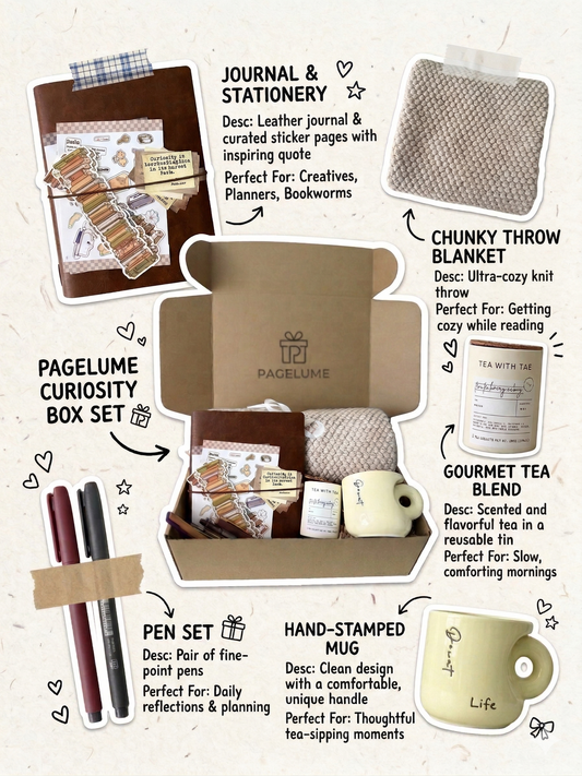 Cozy bookish gift box with leather journal, knit blanket, and artisan tea by Pagelume