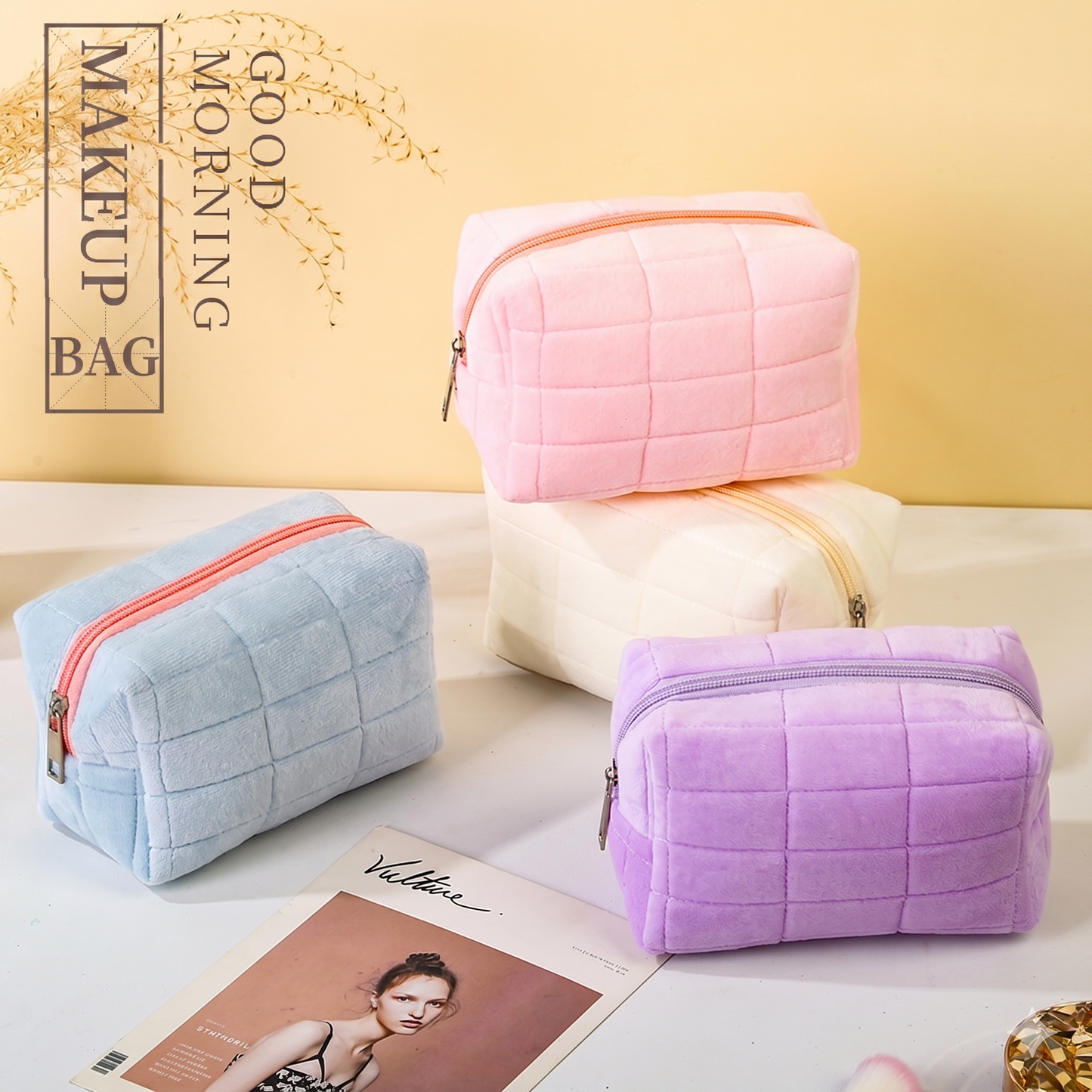 Plush Checkered Makeup Pouch