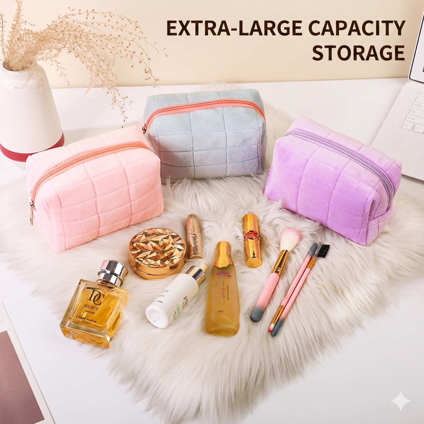 Plush Checkered Makeup Pouch