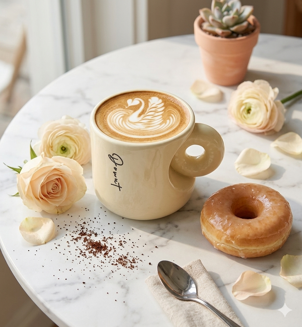 Cappuccino with latte art, a donut, and flowers on a marble surface
