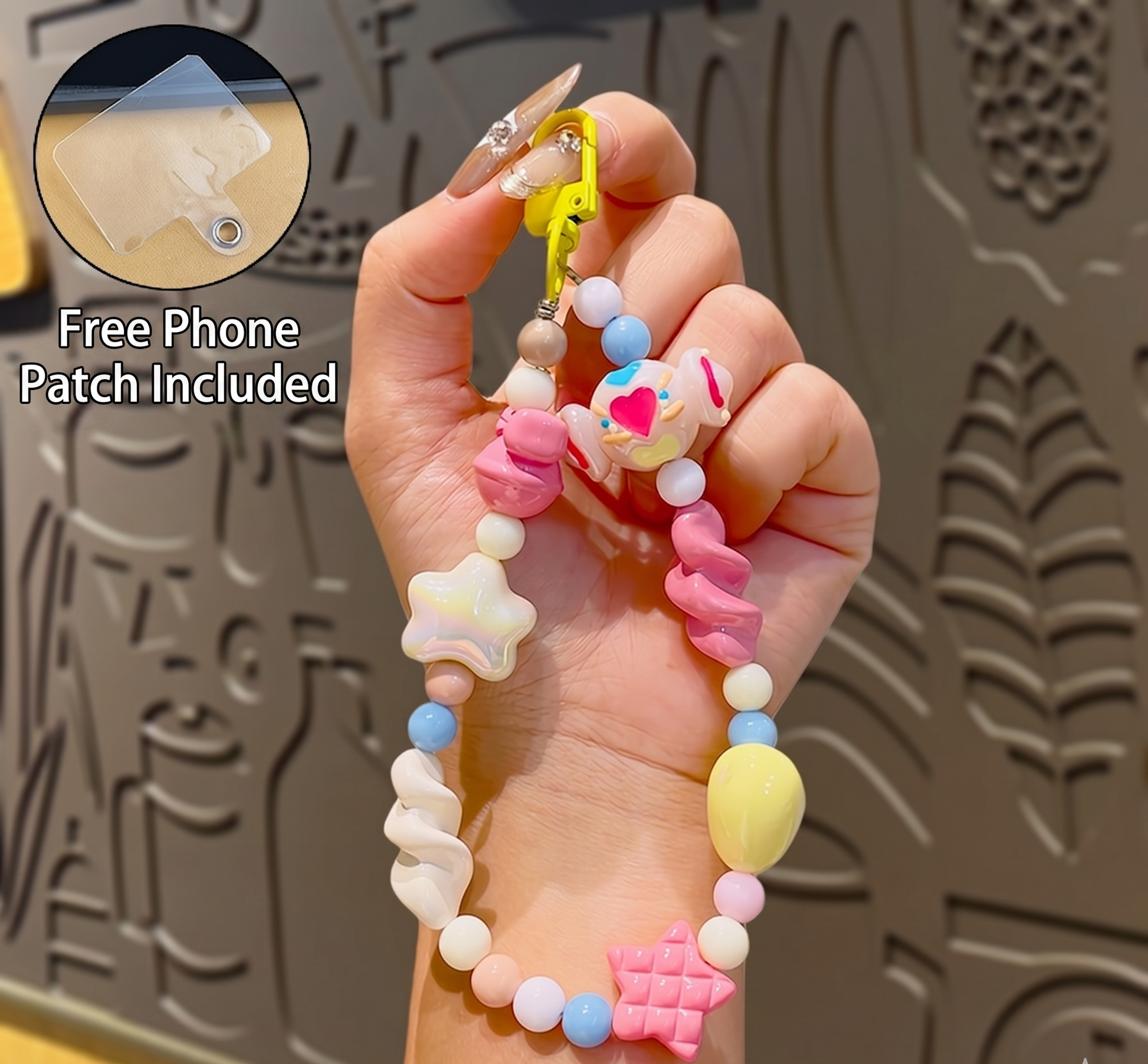 Colorful beaded bracelet on a wrist with a free phone patch included text overlay.