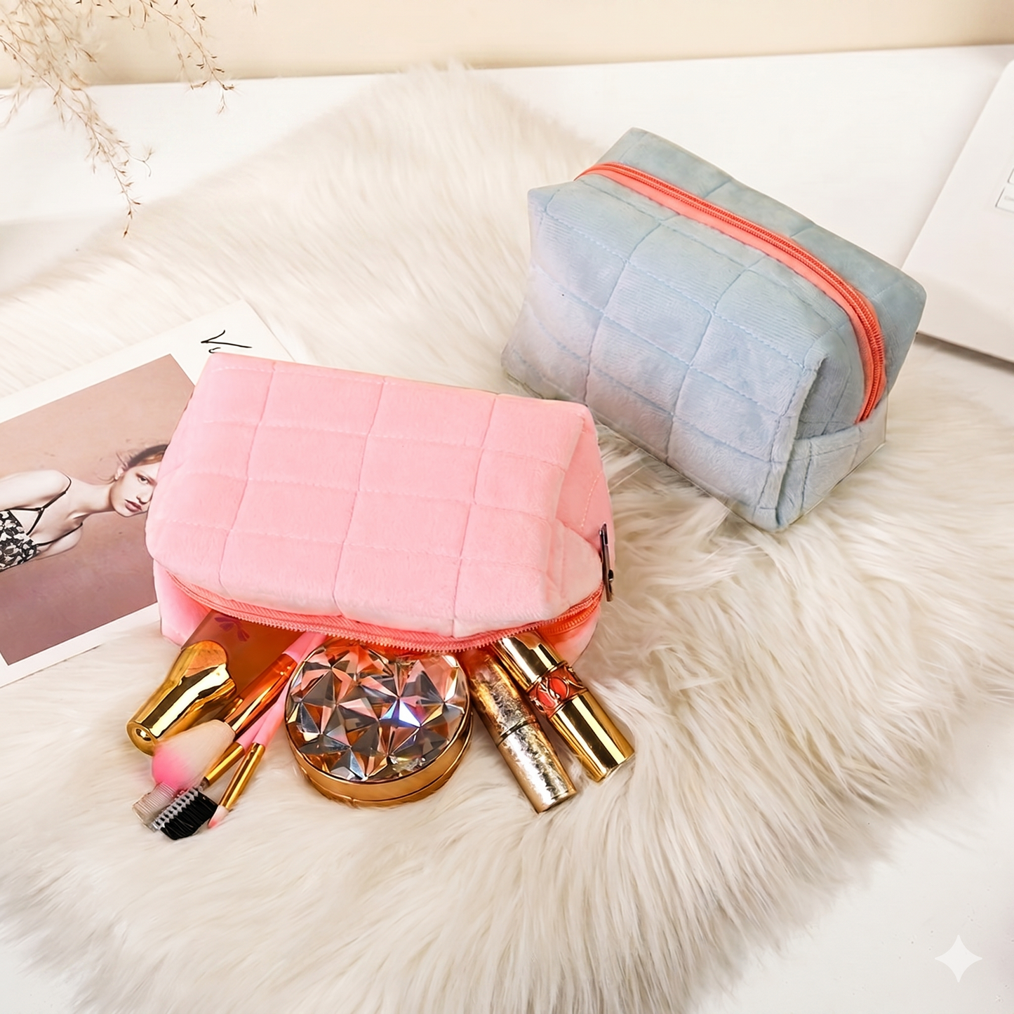Plush Checkered Makeup Pouch