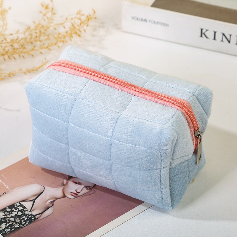 Plush Checkered Makeup Pouch