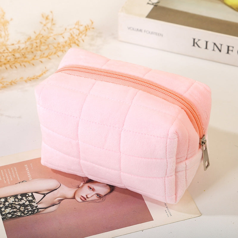 Plush Checkered Makeup Pouch