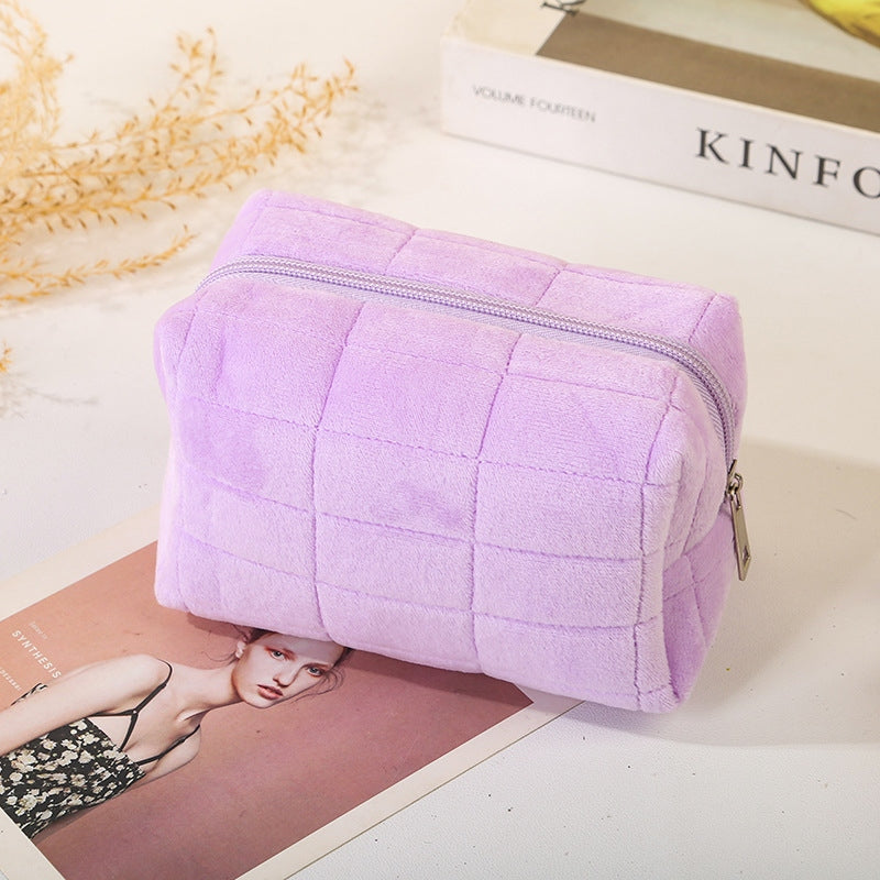 Plush Checkered Makeup Pouch