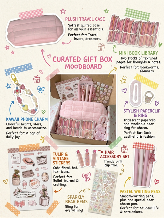 Pink coquette kawaii gift box with hair clips, stationery, and cute accessories by Pagelume