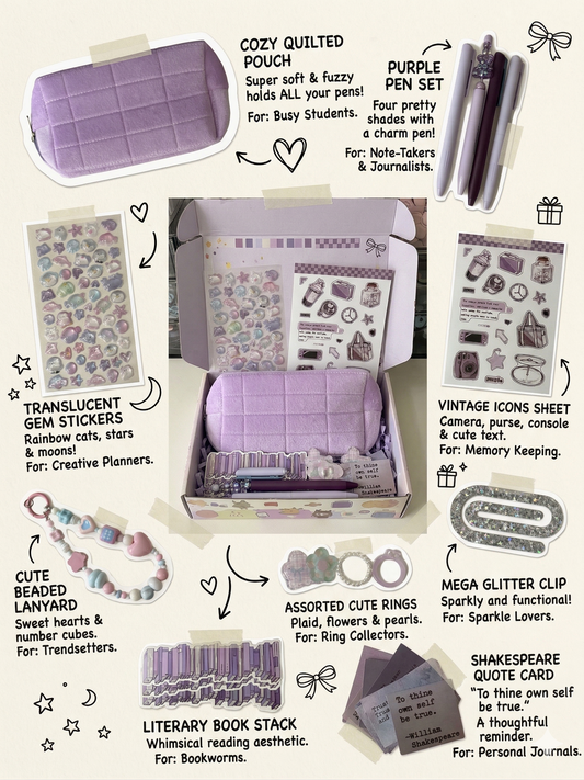 Purple kawaii gift box with stationery, sticker sheets, and cute accessories by Pagelume

