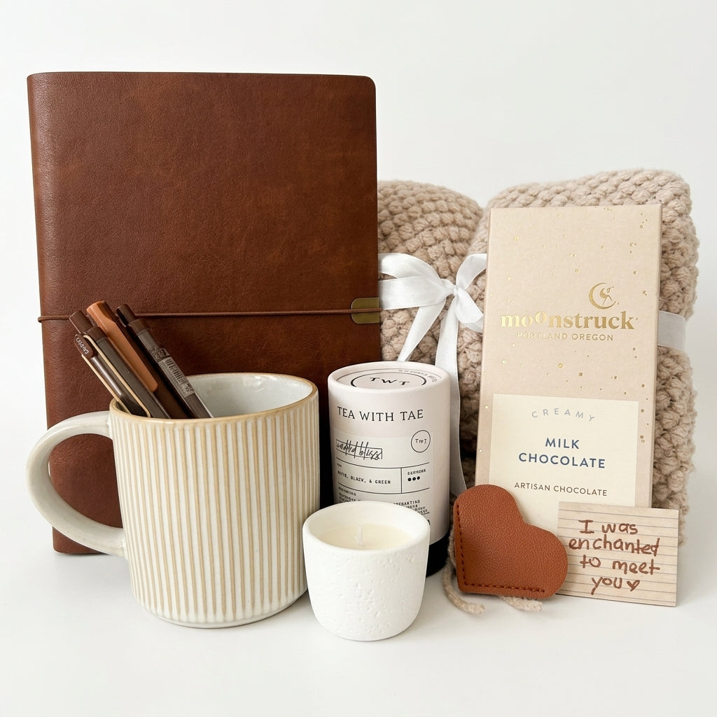 Premium cozy self-care gift box for her — soy candle, chunky knit blanket, ceramic mug, oolong tea, vintage journal, birthday gift idea