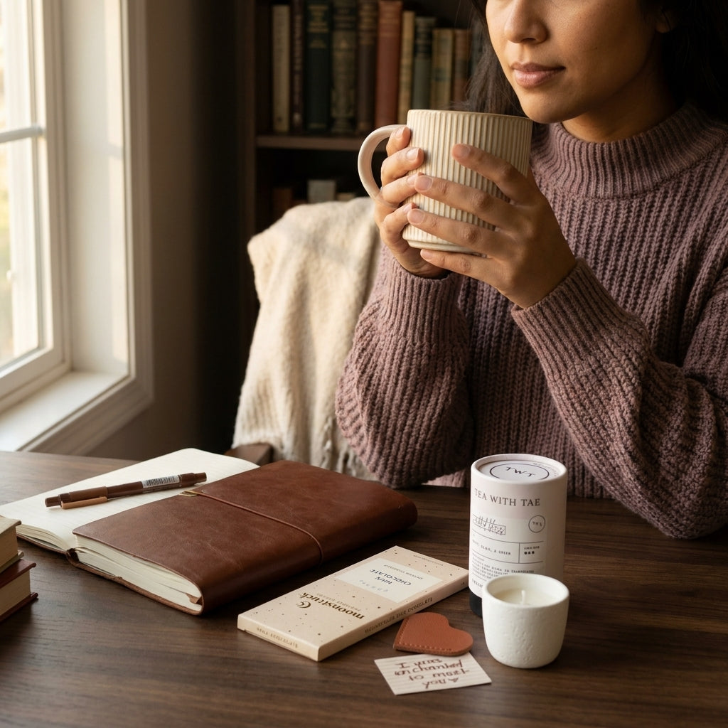 Cozy comfort gift box contents flat lay: candle, blanket, mug, tea, chocolate, journal, pens, stickers — premium self-care set