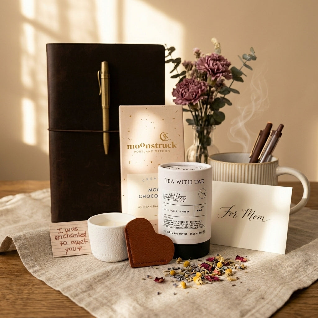 The Hygge Box by Pagelume — candle, tea and self-care items in branded gift box, ready to ship