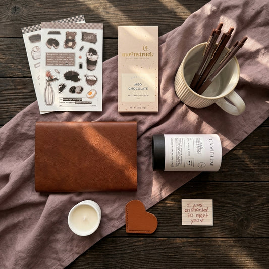 Cozy self-care gift set for her with tea, candle, chocolate and journal — hygge birthday gift for best friend